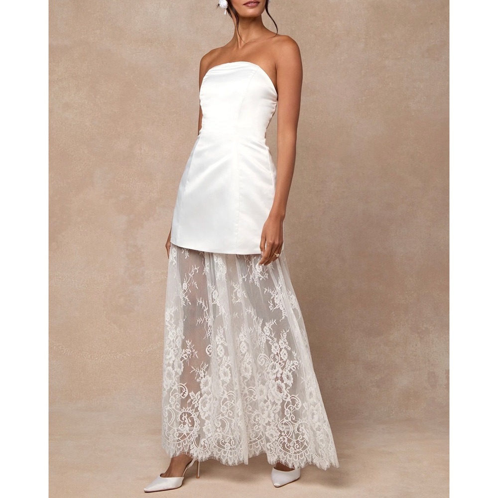 Lulus Winslet White Satin Sheer Hem Strapless Lace Satin Maxi Gown XL NEW 2716